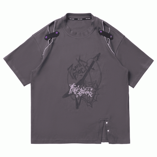 Dusty Gray Cutout Shoulder Slit Hem Punk Rock Graphic T-Shirt