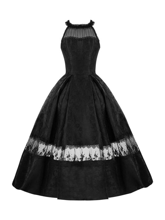 Rosette Jacquard Fabric All Black Illusion Halter Neck Lace Panels Prom Dress