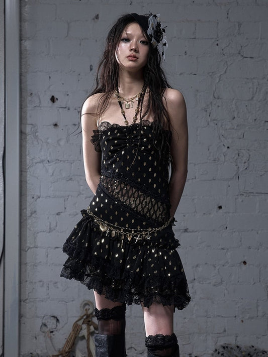 Beige/Black Halter Neck Lace Patches Waist Polka-dot Vintage Strapless Dress