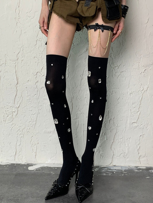 Black Y2K Rhinestone Decorated Over-knee Stockings
