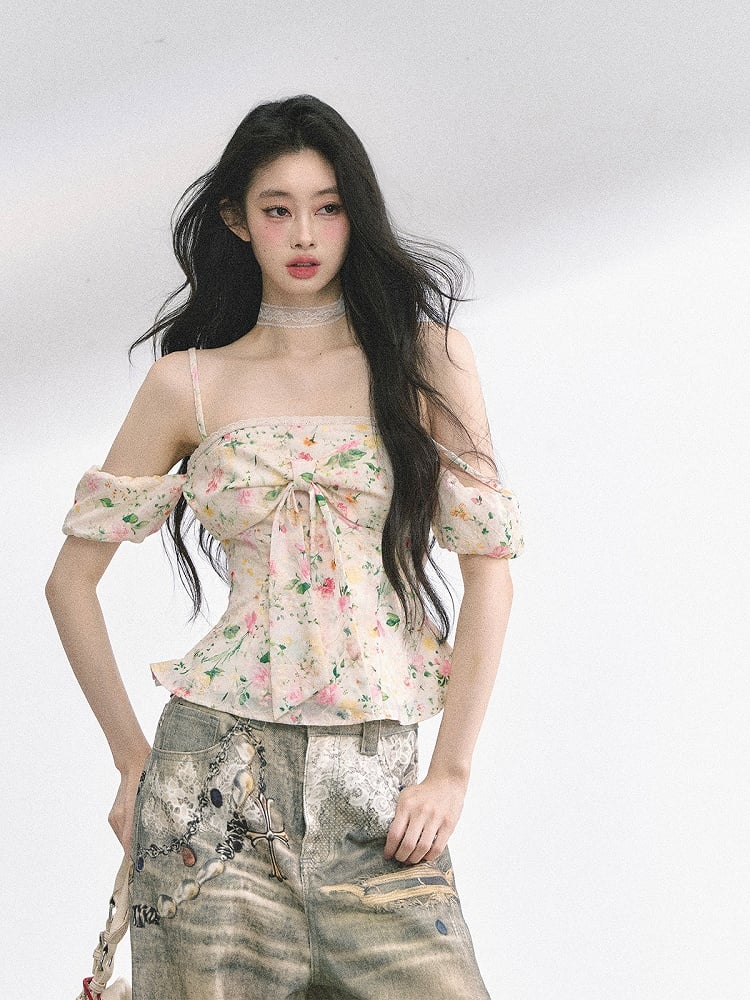 Big Bow Neckline White/Floral/Blue Off-the-shoulder Neckline Top