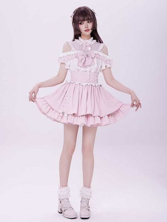 Sweet Pink Jirai Kei High Waist Layered Skirt Smocked Elastic and Self-tie Bow Back
