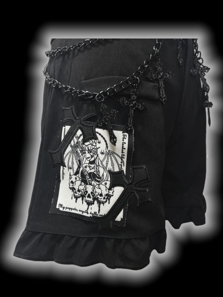 Gothic Black Cross Patches High Waist Ruffle Trim Shorts with Free Waist Chain