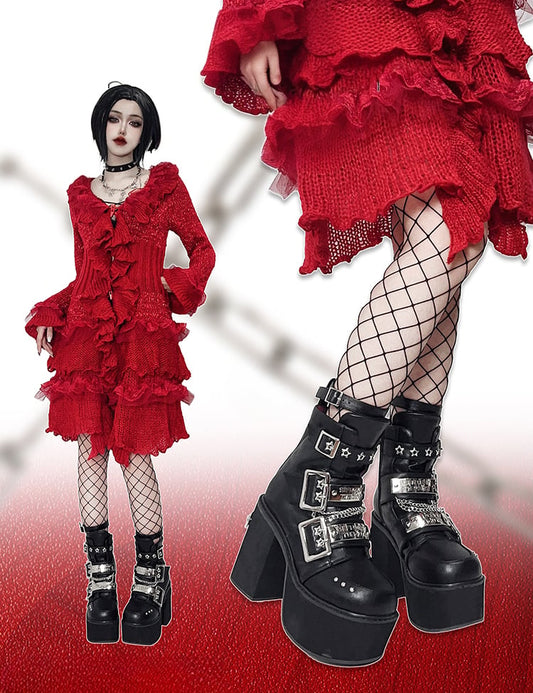 Black Punk Rectangle Metal Plates Buckle Straps Platform High Block Heels with Studs and Chain