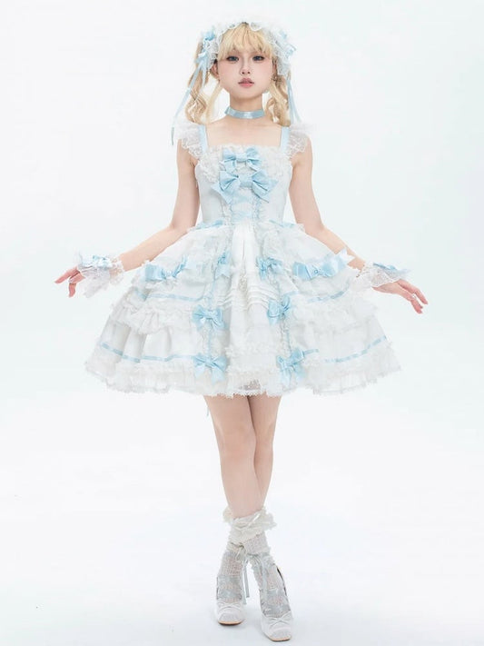 White and Blue Sweet Bow Accents Princess Lolita Jumper Skirt
