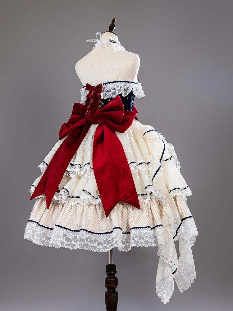 Snow White Vibes Hime Lolita Dark Blue and Red Boned Corset Top + Tiered Skirt