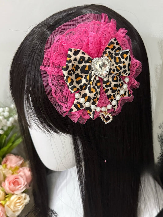 Pink/Rose Red Beaded Charm Rhinestone Heart Decorated Leopard Pattern Lace Trim Bowknot Hairclip