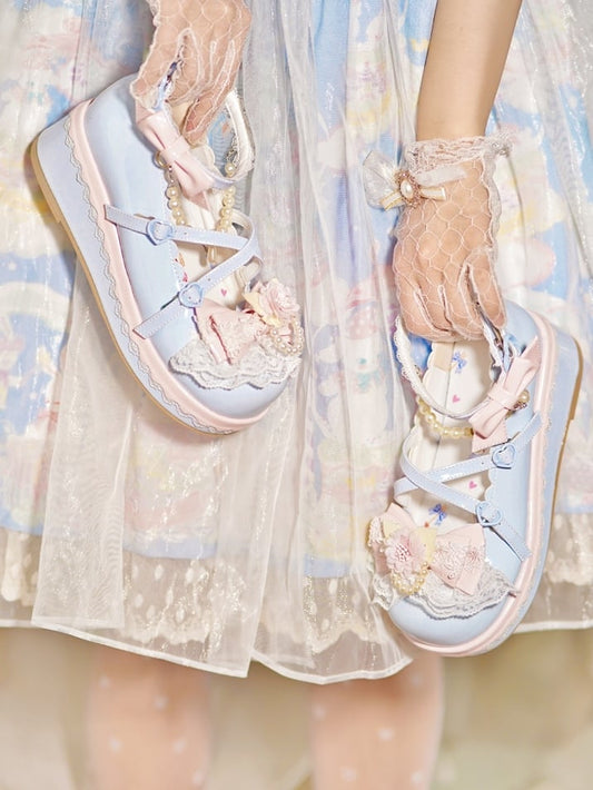 Blue Floral Design Bow at Top Lace Trim Heart Buckle Platforms With Detachable Beaded Chain