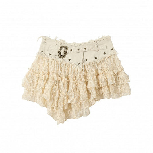 Beige Lace Asymmetrical Hem Skirt with Distressed Trim and Buckle Detail