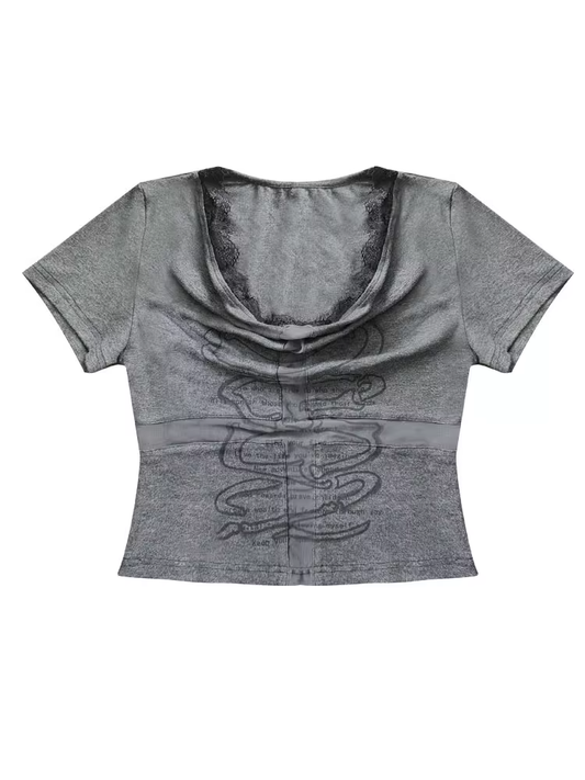 Dark Gray Cowl Neckline Cross Cutout Detail T-Shirt
