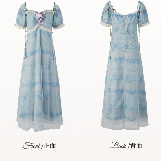 Plus Size Baby Blue Square Neckline and Short Puff Sleeves Cottagecore Dress