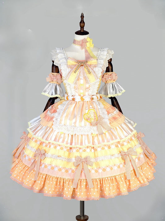 Orange Persimmon Cake Bow Accents Tiered Skirt Sweet Lolita JSK Full Set