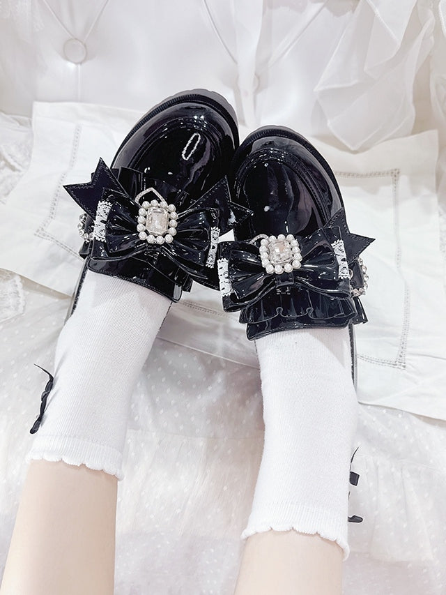 Polished Black Jirai Kei 7.5cm Loafers - Rhinestone And Beads Decor Detachable Bow with Ruffle Trim & Slip-On Design