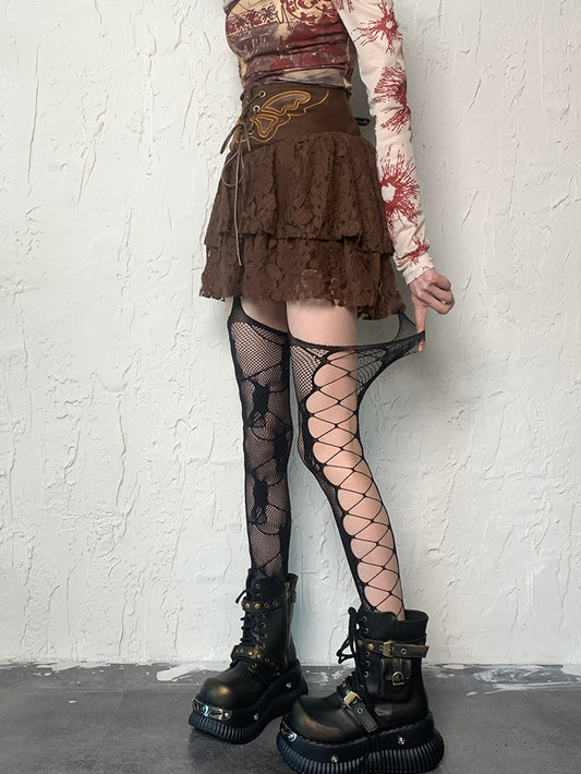 Black/White/Pink/Red/Gray Fishnet Design Cut-out Details Suspender Stockings