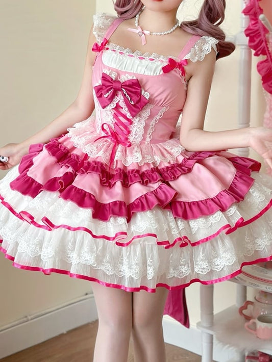 Sweet Pink Corset Waist Tiered Ruffle Hem Lolita Jumper Skirt