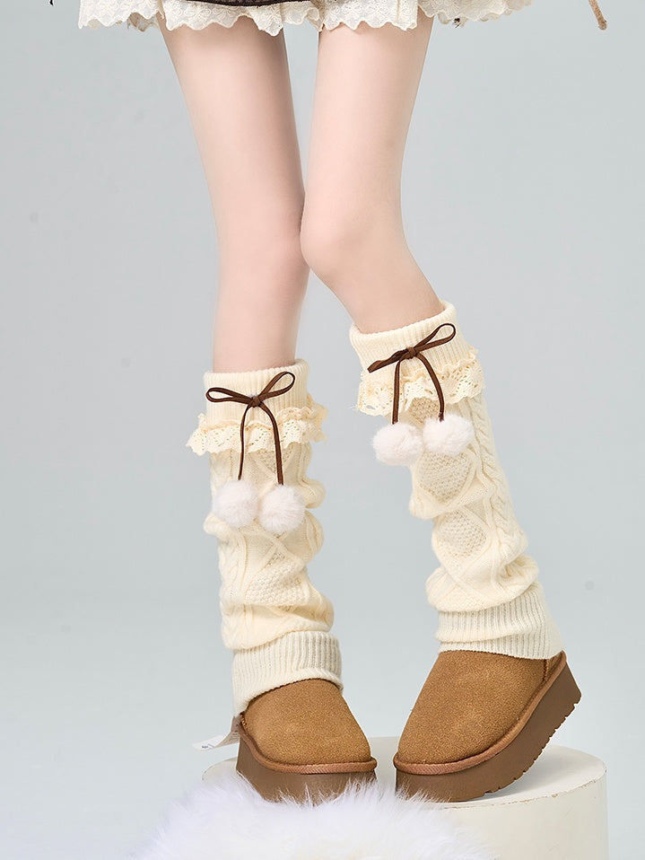 Apricot Bowknot Leg Warmers With Pompons