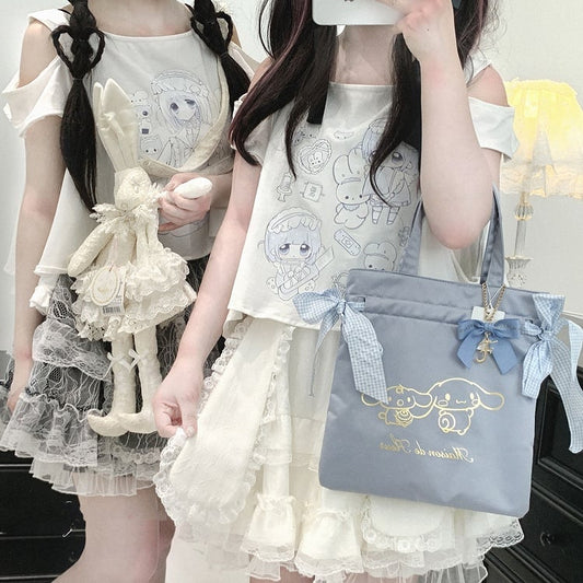 Yami Kawaii Cartoon Print Cutout Shoulder White Jirai Kei T-shirt