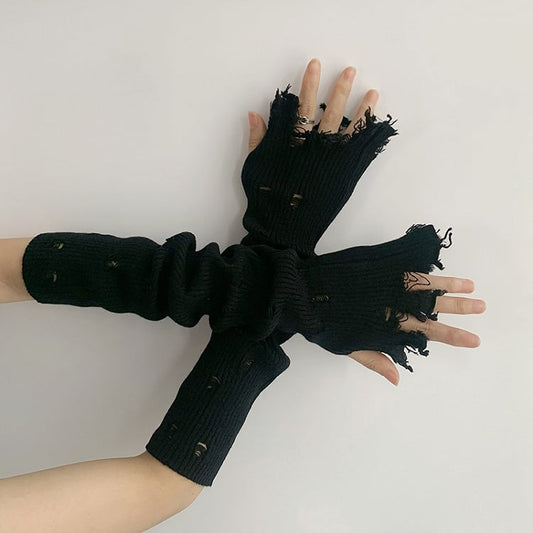 Distressed Holes Fingerless Knitted Long Gloves 5 Color Options