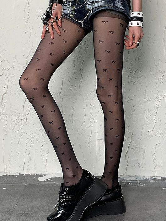 Gyaru Fashion Black Bowknot Print Y2K Tights