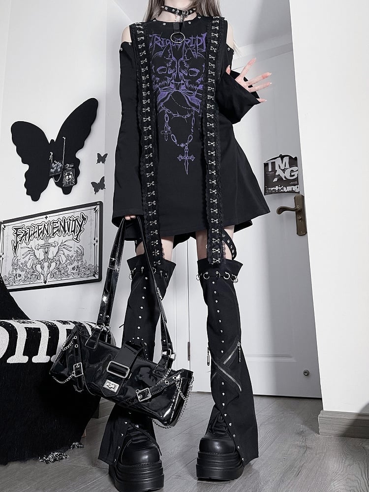 Black&Purple Emo Punk Cutout Shoulder Skeleton And Letter Print Long Sleeves Top