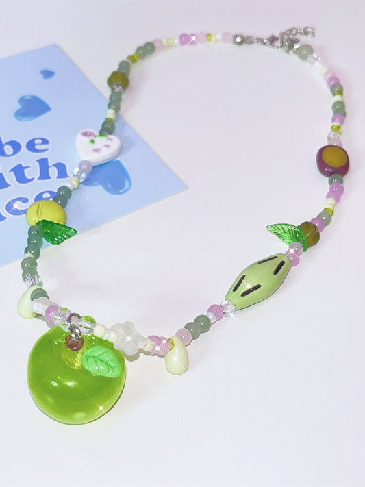 Green Apple Y2K Pendant Beaded Necklace