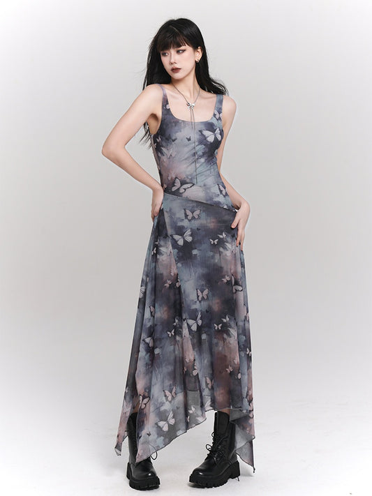 Blue & Purple Butterfly Print Asymmetrical Hem Sleeveless Dress