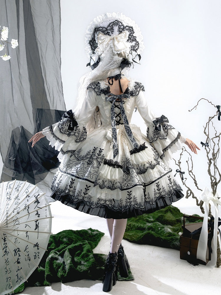 Shimmer Butterfly Fabric White and Black Chinoiserie Style Ink and Wash Lolita Dress Short Version