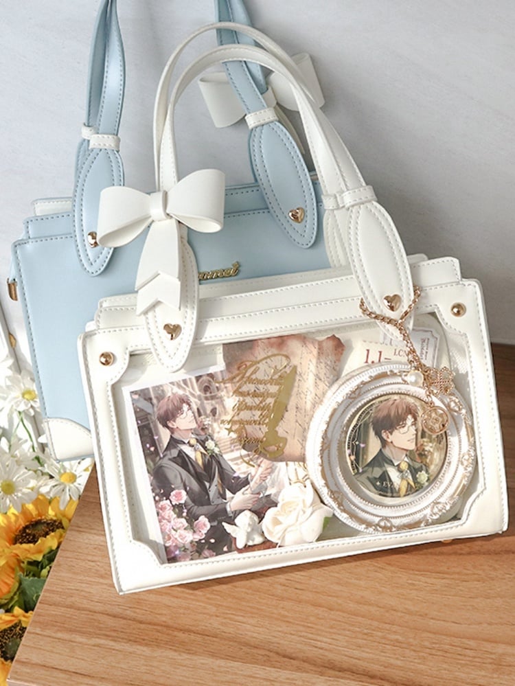 White Square Ita Bag with Detachable Bowknot