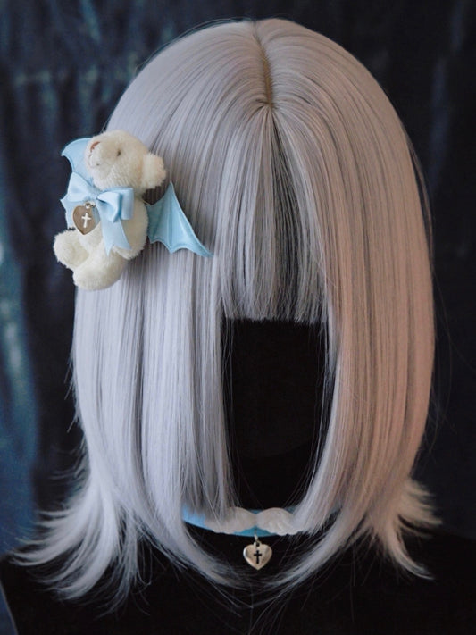Handmade Bowknot White Teddy Hairclip with Blue Bat Wings