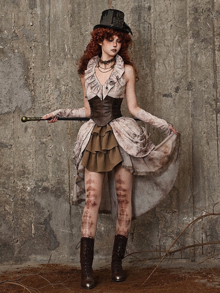 Brown PU Corset Waist Flounce Neckline Sleeveless Top