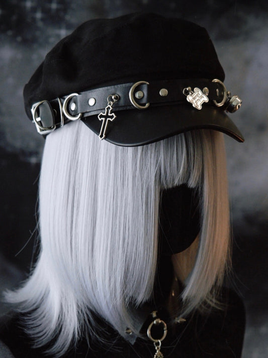 Black Gothic Studs Details Bone And Cross Charm Beret Hat