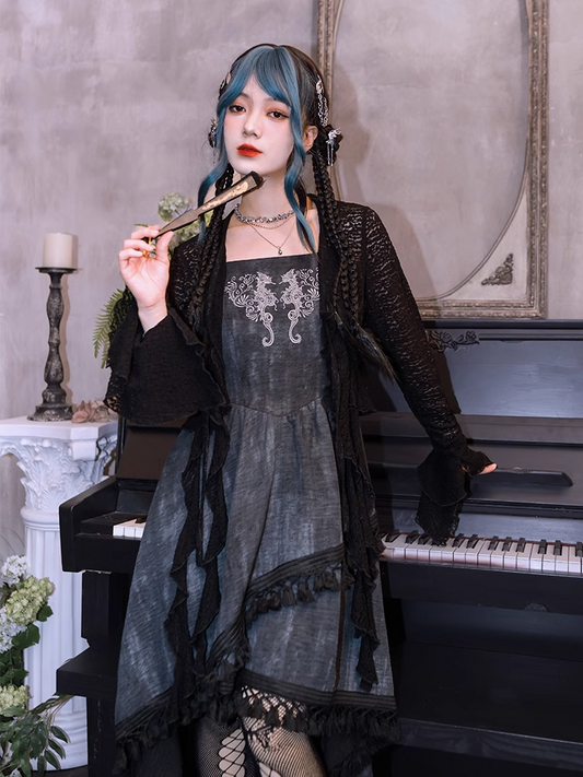 Black Bell Sleeves Asymmetrical Ruffled Hem Hollow-out Lace Cardigan