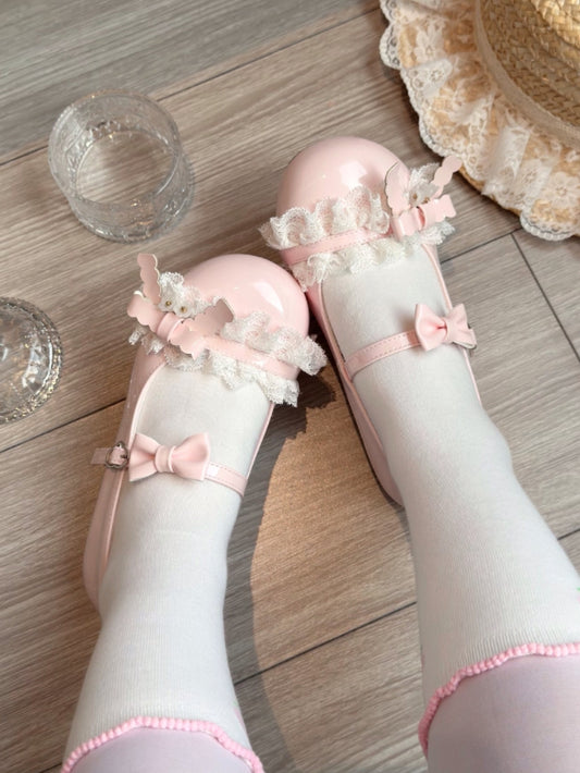 Sakura Pink Flat Lolita Shoes - PU Leather with Ruffled Lace Edging, Bow Embellishments & Functional Heart Snap