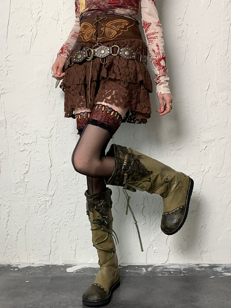 Black Y2K Peacock Feather Pattern Lace Trim Overknee Stockings