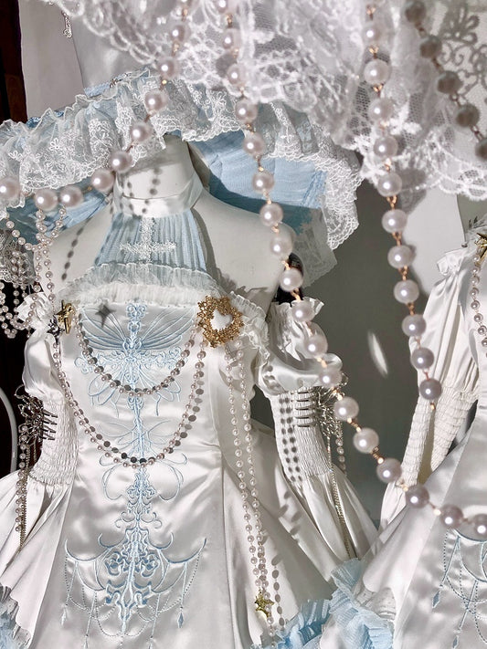 Blue and White Cross Illusion Halter Neck Witch Lolita Backless Dress Gothic JSK Halloween Outfit