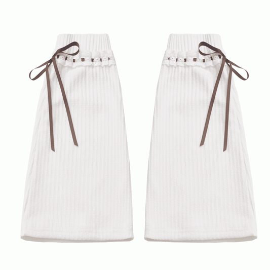 Brown Bowknot Accents White Knit Leg Warmers