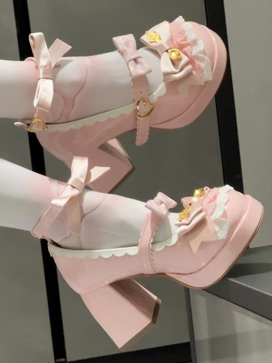 Sweet Lolita Pink Mary Janes - 8cm High Block Heel with Layered Lace, Bow Accents & Heart Buckle