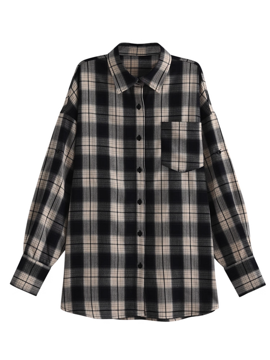 Navy Blue Front Button Placket Vintage Plaid Shirt