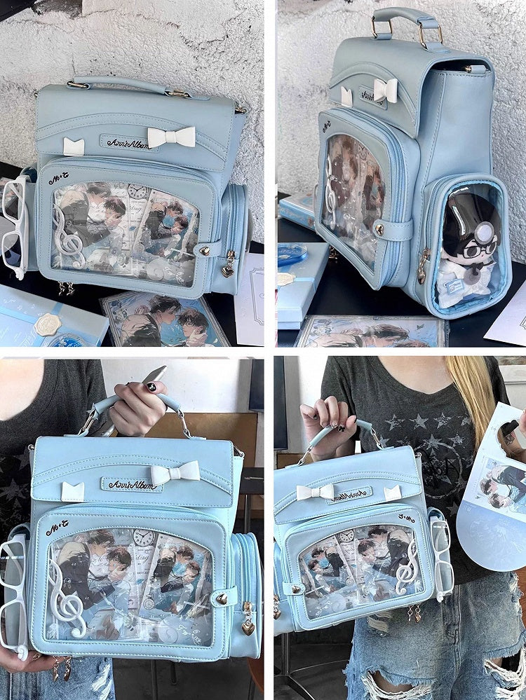 Blue 2-Way Ita Bag With Transparent Window And Bow Decoration