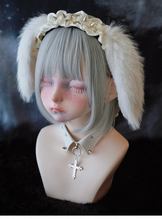 White Handmade Studs Detail Plush Bunny Ear Ruffled KC