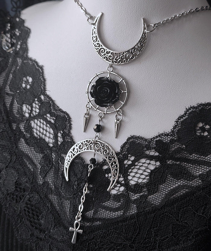 Gothic Moons and Rosette Punk Necklace Silver and Black