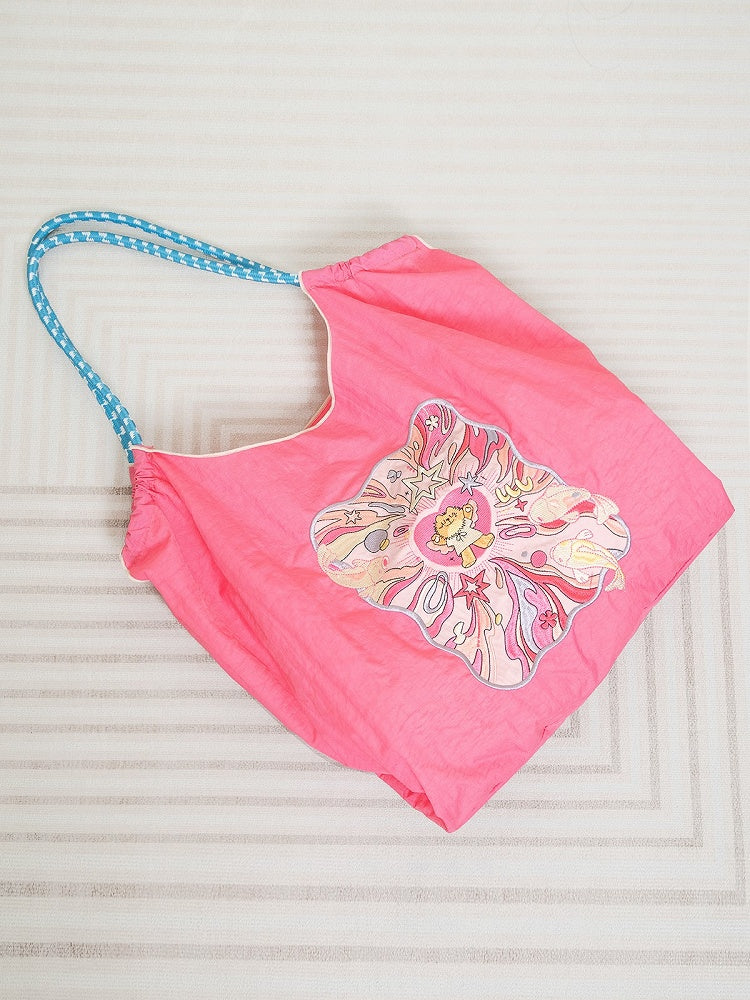 Lucky Charm Pink Large Capacity Tote Bag With Adorable Fortune Cat Embroidery