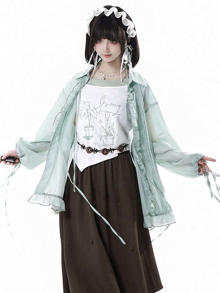 Mint Green Self-tie Bowknots Placket Drawstring Cuffs Ruffled Trim Shirt