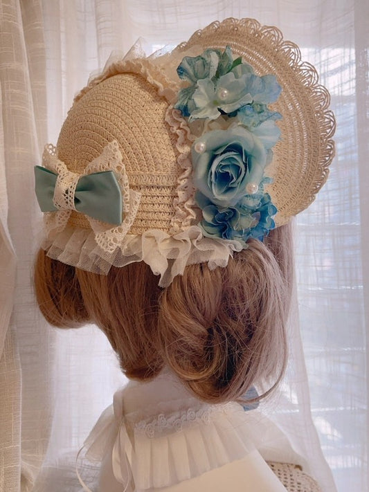 Light Blue Beaded And Bowknot Decorated Floral Design Lace Trim Bonnet