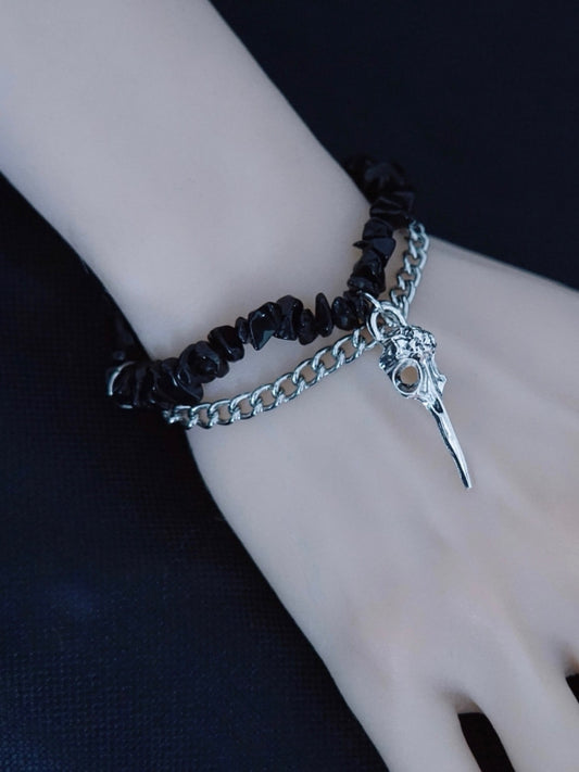 Silver&Black Gothic Bird Bone Charm Crushed Stone Bracelet