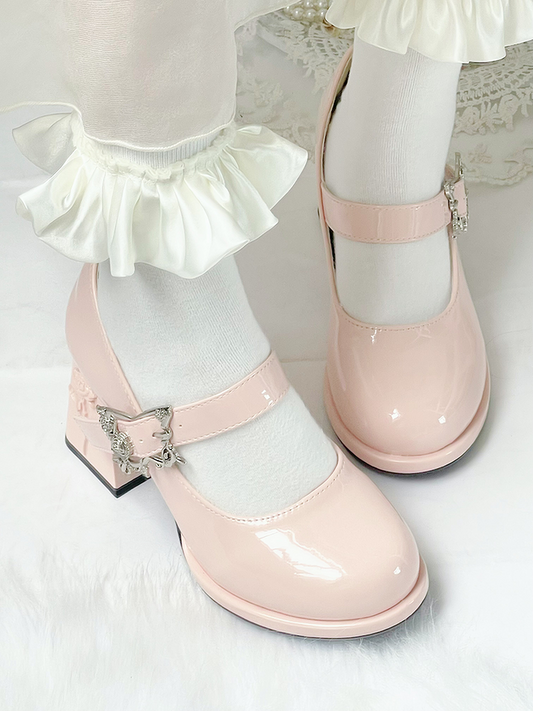 Butterfly Buckle Polished Pink 7cm Floral High Block Heel Hime Lolita Mary Janes