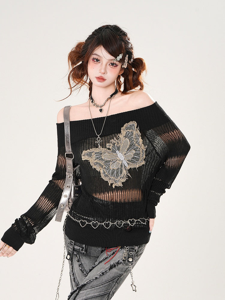 Raw Hem Denim Butterfly Applique Black Off-the-shoulder Neckline Coverup