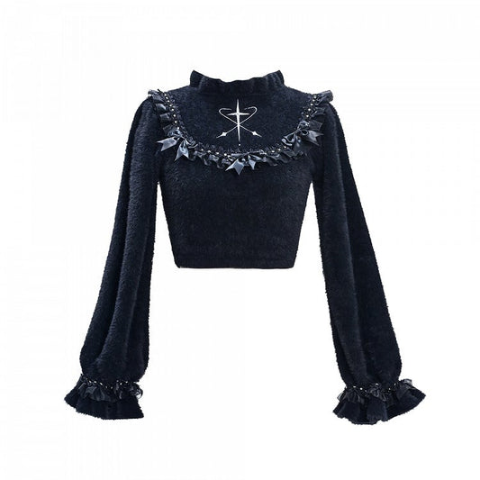 Bowknot Details Black Ruffle Neckline Cropped Sweater