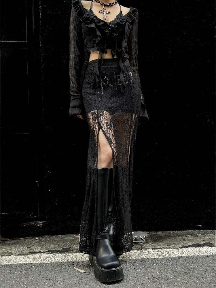 Clearance-Size S for Waist 66CM Black High Waist Punk Rock Thigh-high Slit Lace Skirt