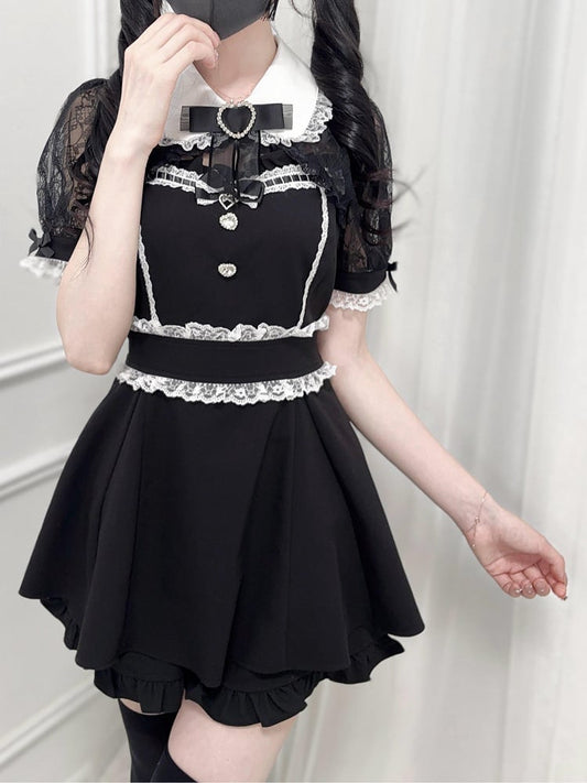Black Jirai Kei Set -Shirt Collar Sweetheart Rhinestone Decoration Lace Shawl Top + Shorts + Bowtie